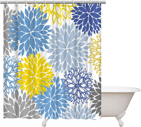 ArtBones Yellow Grey Blue Shower Curatin 72x72inch with Hooks Dahlia Pinnata Flower Shower Curtain Floral Shower Curtain Bathroom Decor