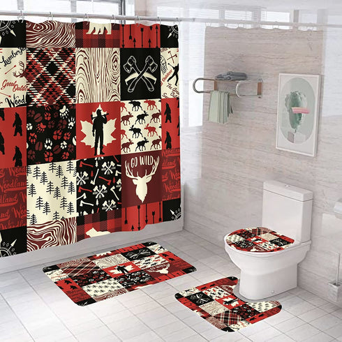 juwute 4 Pcs Retro Woodland Shower Curtain Set with Rugs, Buffalo Plaid Forest Wildlife Animal Toilet Lid Cover Bath Mat,Farmhouse Shower Curtain for Boys Girls Home Bathroom Decor 72x72Inch,Red/Black