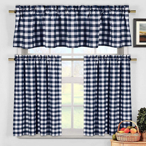 Duck River Textile Buffalo Plaid Gingham Checkered Premium Cotton Blend Kitchen Curtain Tier & Valance Set, Navy Blue & White
