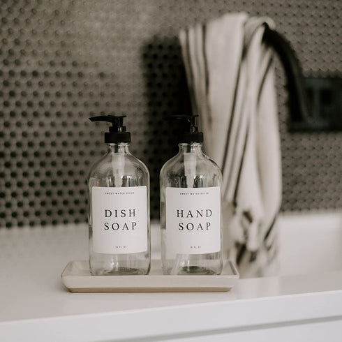 Sweet Water Decor Clear Glass Jar | Refill Dish Soap Dispenser | 16 oz Refillable Bottle with Pump | White Waterproof Label with Black Text| Rustic, Modern, Farmhouse Gift (Dish Soap)