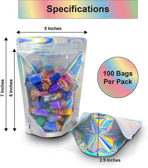100 Pcs Holographic Resealable Mylar Bags - 5x7 Inch Smell Proof - Ziplock and Heat Sealable Stand Up Pouches - Use for Party Favors - Lip Gloss Packaging - Small Business Sample - WaldOaks