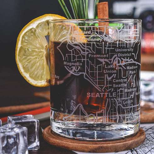 Greenline Goods Whiskey Glasses - 10 Oz Tumbler Set for Seattle lovers, Etched with Seattle Map | Old Fashioned Rocks Glass - Set of 2
