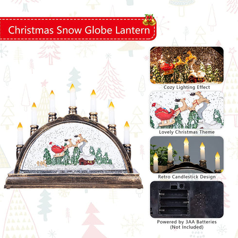 Christmas Snow Globe Lantern Decorations - 10 Inch Lighted Candlestick Lantern Batteries Operated LED Santa Sits in Sleigh Water Glittering for Xmas Home Gift Decor