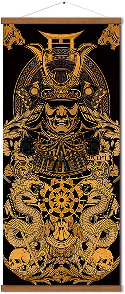 Warrior™s Dreams Canvas Wall Art Print Poster Armored Helmet Samurai spirit with Scroll Wood Framed Ready to Hanger Home Karate Hall Sushi Restaurant Decor 16?x35?
