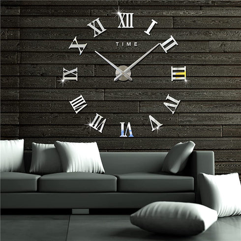 VinJoyce 3D DIY Large Wall Clocks for Living Room Decor, Wall Stickers Clocks for Living Room Decor, Silent, Modern Wall Clock for Kitchen, Office, School, Home, Bedroom, Living Room (Roman Silver)