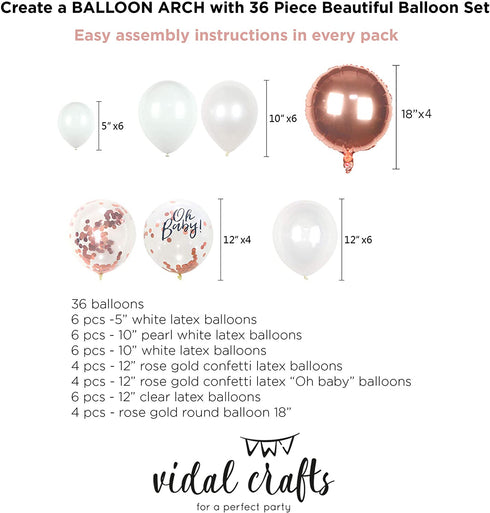 VIDAL CRAFTS Rose Gold Baby Shower Decorations for Girl, It's a Girl Banner, BABY Girl Foil Balloons, 36 Pieces Rose Gold Balloon Arch, Confetti Balloons, Paper Fans, Rose Gold and White Theme Décor