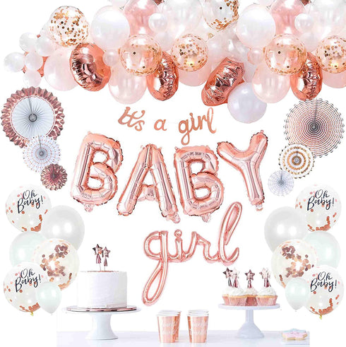 VIDAL CRAFTS Rose Gold Baby Shower Decorations for Girl, It's a Girl Banner, BABY Girl Foil Balloons, 36 Pieces Rose Gold Balloon Arch, Confetti Balloons, Paper Fans, Rose Gold and White Theme Décor