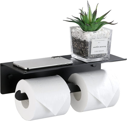 Toilet Paper Holder with Shelf,DUFU Double Toilet Paper Holder with Shelf for Bathroom, Anti-Rust Aluminum Self-Adhesive No Drill or Wall-Mounted with Screws for Bathroom (Matte Black)