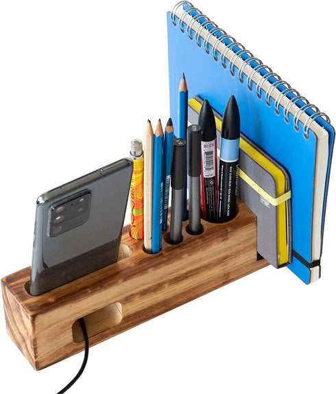 Wooden Phone Stand & Desk Pen Holder | HoffengWell Docking Station Organizer | Desktop Solid Wood Cup Pencil Storage | Office Cell Charging Organization Caddy