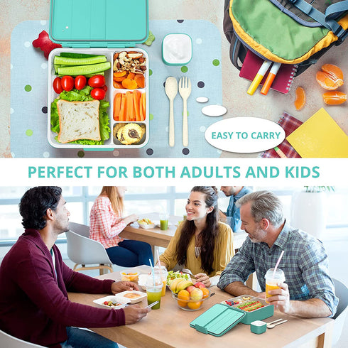 VOLUEX Bento Box, Bento Lunch Box for Kids with Spoon & Fork, 4 Compartment, Durable, Leak Proof, Dishwasher Safe, BPA-Free and Food-Safe Materials, 45oz Large Lunch Box Containers for Adults- Blue