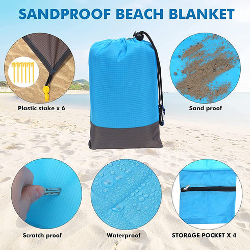 AMOSTBY Beach Blanket for 5-8 Adults,Waterproof and Sandproof Lightweight Picnic Blanket,Extra Large Oversized Beach Mat with 4 Pockets for Beach Hiking Camping Travel 10'' x 9''
