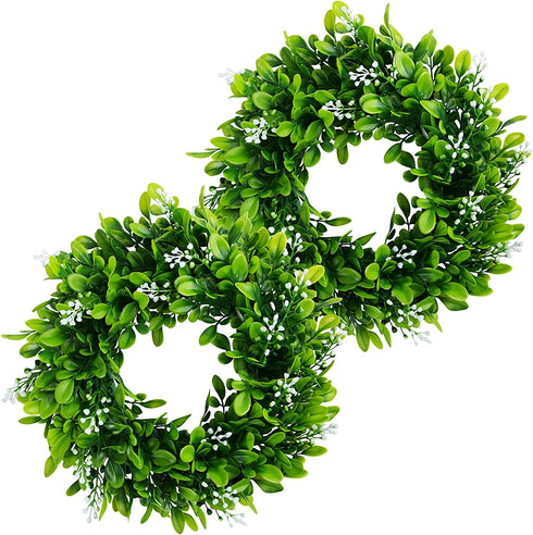 2 Pack 12" Artificial Boxwood Wreath for Front Door Faux Green Leaves Greenery Spring Wreath for Home Wall Window Wedding Party Hanging Decor (White Seeds)