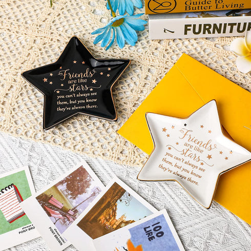 2 Pieces Friend Are Like Stars Tray Long Distance Gift Graduation Trinket Dish Star Shaped Ceramic Ring Jewelry Dish Friendship Inspirational Holder Tray Decorative Jewelry Trinket Trays for Friend
