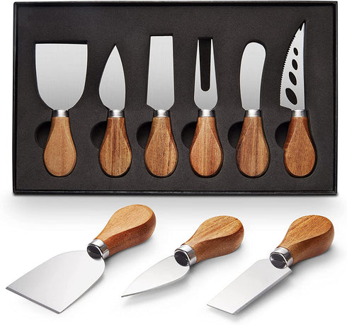 Cheese Knife Set 6-piece Cheese Knife with Acacia Wood Handle Stainless Steel Cheese Slicer Cheese Cutter (Standard Box)