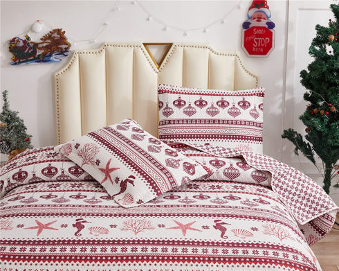 Lodge Style Ultra Lightweight Quilt Set Queen Size 90"x90", Striped 3 Piece Bedding Sets, Deer Snowflake Printed Rustic Bedspread Coverlet for Cabin Country Home Bedroom Decor,1 Quilt + 2 Pillow Shams