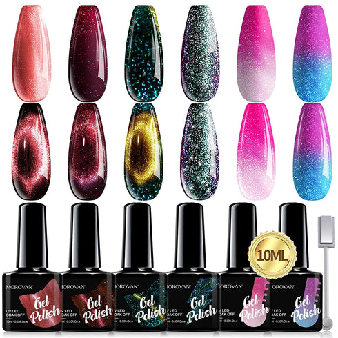 Morovan Cat-Eye Gel Nail Polish Kit - 6 Glitter 9D Magnetic Colors Changing Gel Nail Polish Set Holographic Cat-Eyes Temperature Rainbow Mood Changing Phantom Chameleon Nail Polish Kit