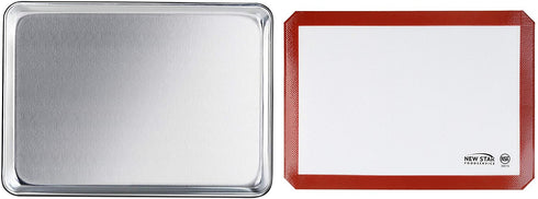 New Star Foodservice 38439 Commercial-Grade 18-Gauge Aluminum Sheet Pan/Bun Pan & Silicone Baking Mat Set, 13" L x 18" W x 1" H (Half Size)