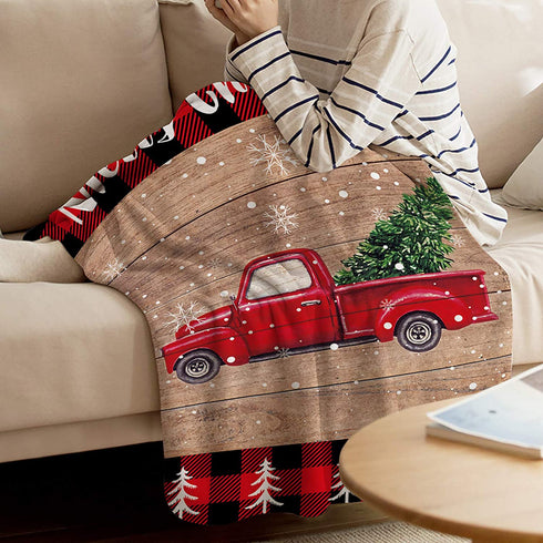 Red Truck with Christmas Tree Flannel Blankets Snowflake Wood Grain Throw Blankets Soft Lightweight Bed Blanket Cozy Microfiber Blanket for Sofa Couch Home Decor 40x50inch