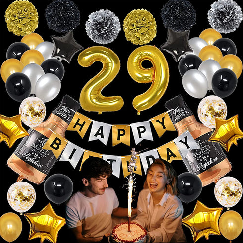 NANINUNENO 29th Gold Birthday Decorations,Gold Black Silver Happy Birthday Balloons Supplies for Boy Men Girl Women,29 Birthday Party Set with29 Gold Number Balloons Happy Birthday Banner and Whiskey Bottle Balloons