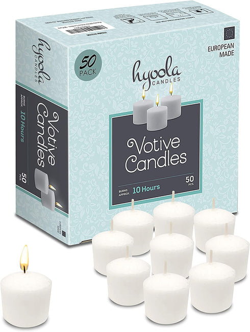 Hyoola European Votive Candles Unscented - 10-Hour Burn Time - White - 50 Pack, European Made