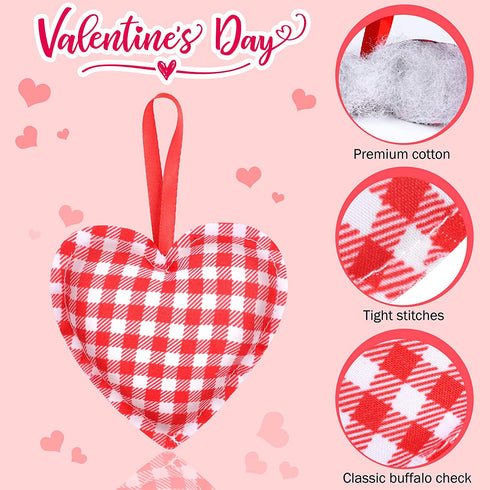 ADXCO 24 Pieces Valentine's Day Fabric Heart Hanging Ornaments, Heart Shaped Baubles Hanging Ornaments, Buffalo Plaid Heart Hanging Decorations for Valentine's Day, Party, Wedding Decoration