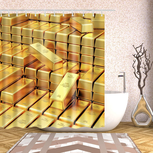 Fangkun Shower Curtain Art Bathroom Decor Gold Bars Design - Polyester Fabric Bath Curtains Set - 12pcs Shower Hooks - 72 x 72 inches