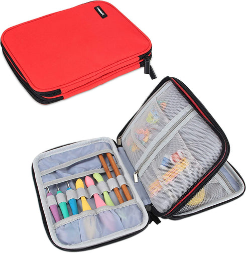 Damero Crochet Hook Case, Travel Storage Bag for Swing Crochet Hooks, Lighted Hooks, Needles(Up to 8'') and Accessories, Large, Red (No Accessories Included)
