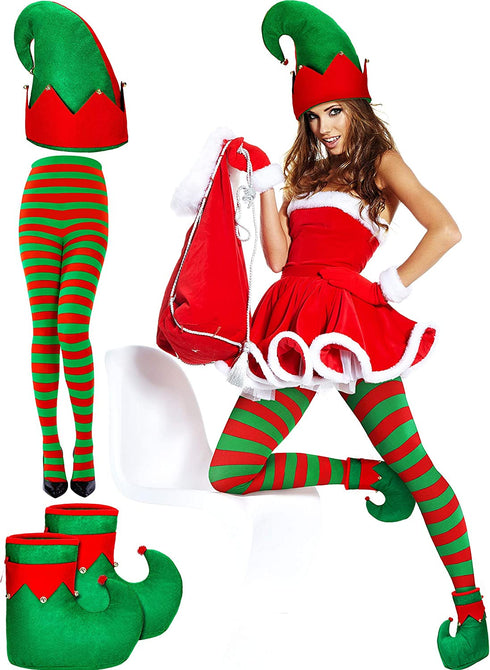 SATINIOR 4 Pieces Elf Christmas Women Costume Santa Elf Hat Elf Shoes Christmas Striped Tights Stocking Multicoloured