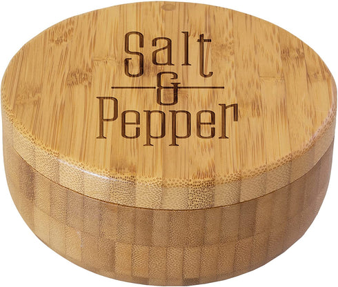 Totally Bamboo Salt Keeper Duet Salt and Pepper Bowl, Salt Cellar and Storage Box with Two Compartments, Magnetic Swivel Lid, Salt and Pepper Engraved Artwork on Lid