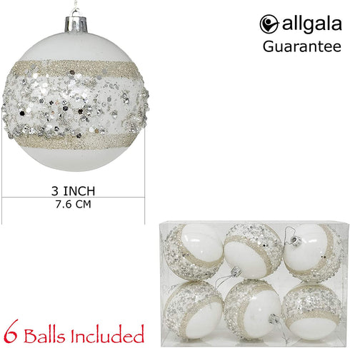 Allgala 6-PK 3 Inch Luxury Glitter Rich Decoration Christmas Tree Ornament Balls (White)
