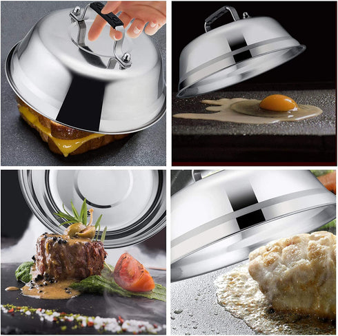 Melting Dome Lid Set of 4, Leonyo 9" Professional Stainless Steel Griddle Accessories, Durable Basting Steaming Cover for Teppanyaki Flat Top Griddle Grill, Rivets Handle, Hamburger Bacon Cheese Steak