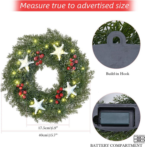 ANGELEMM Pre-lit Christmas Wreaths for Front Door ,Build in Hook, Battery Operated Christmas Wreath Decorative Hanging Ornament, Artificial Door Wreath Clear LED Lights(16 Inch)