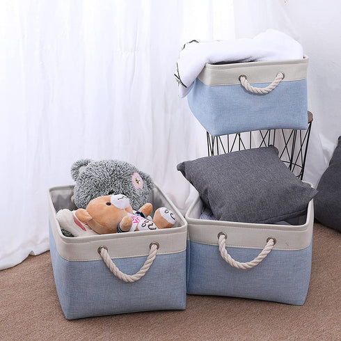 Fabric Storage Basket Set of 3, Foldable Linen Storage Box for Nursery and Home, Collapsible Canvas Shelf Basket for Wardrobe or Bedroom, Blue and White