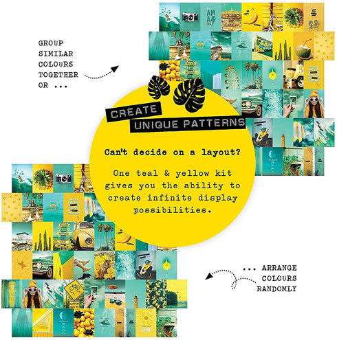 LARGER SIZED Yellow & Teal Blue Photo Wall Collage Kit (50 Picture Set, 5" x 7" size), Sunny Summer Beach Daytrip Themed Photo Wall Collage Kit Aesthetic Pictures