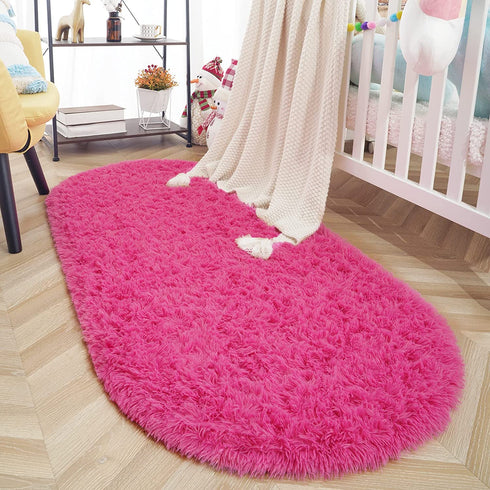 ISEAU Oval Fluffy Rug Carpets, Modern Plush Shaggy Area Rug for Kids Bedroom Extra Comfy Cute Nursery Rug Bedside Rug for Boys Girls Room Home Decor Mats, 2.6 x 5.3ft, Hot Pink