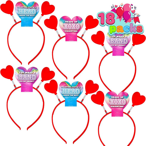 JOYIN 18 Packs Valentines Day Heart Headband with Card Headers for Classroom Exchange Prizes, Valentines Greeting Cards, Valentine Party Favors, Valentine Exchange Gifts