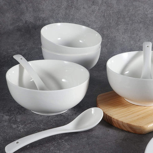 Artena Asian Soup Bowls with Spoons Set of 4, 26 oz Pasta, Ramen, Pho Bowls and Soup Spoons Set, Advanced Porcelain Elegant White Cereal Bowls for Kitchen, Dishwasher Microwave Oven Safe Bowls
