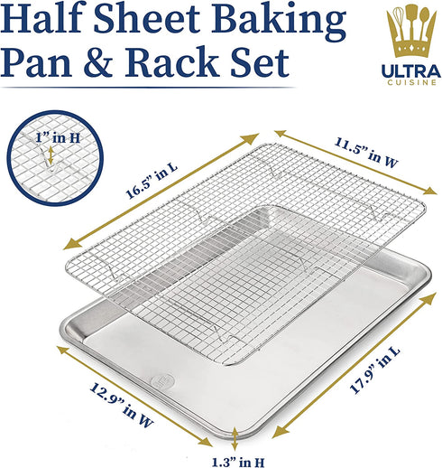 Baking Pan with Cooling Rack Set - Half Sheet Pan Size - Includes a Professional Aluminum Baking Sheet and a Stainless Steel Baking Rack for Oven - Durable, Easy to Clean, Commercial Quality