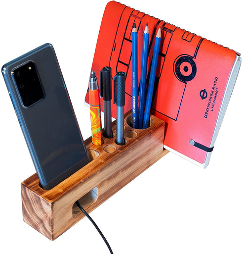 Wooden Phone Stand & Desk Pen Holder | HoffengWell Docking Station Organizer | Desktop Solid Wood Cup Pencil Storage | Office Cell Charging Organization Caddy