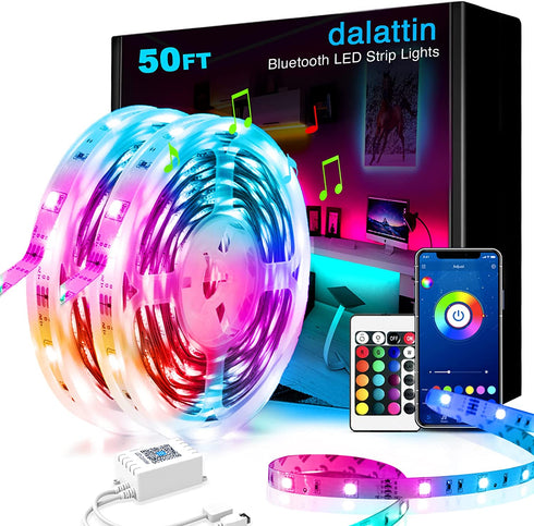 Dalattin Led Lights for Bedroom 50ft , Smart Bluetooth Led Strip Lights That Sync with Music Ambient Lighting for Room, Game, Party (2 Rolls of 25ft)