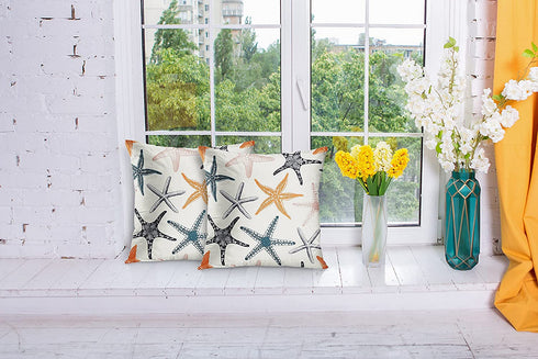 Emvency Set of 2 Throw Pillow Covers Beach Ocean Coastal Orange Black and Blue Starfish Decorative Pillow Cases Home Decor Standard Square 18x18 Inches Summer White Pillowcases