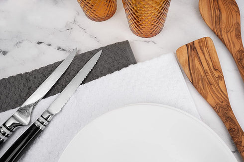 Kitchen Towels 100% Cotton - Machine Washable - Extra Soft 12x12 Black and White Dobby Weave Dish Towels, Tea Towels, Bar Towels - 12 Pack