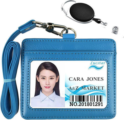 Lucstar Professional ID Badge Holder with Clip Lanyard Horizontal,Genuine Leather Badge Holder Heavy Duty, Clear Window Coach Name Holder for Women Men Work Student ID, Nurse Company(Azure)