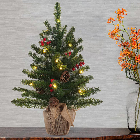24 Inch 2FT Pre-lit Mini Christmas Tree, DEWBIN Small Christmas Tree with 20 LED Lights and Cloth Bag Base, Tabletop Christmas Pine Tree, Xmas Decorations for Fireplace, Home Decor Indoor
