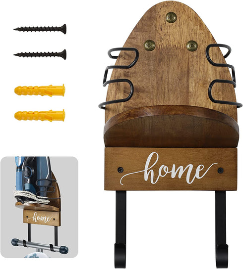 TJ.MOREE Ironing Board Hanger Wall Mount - Laundry Room Iron and Ironing Board Holder,Oak Iron Holder and Detachable Ironing Board Holder Hooks Provincial Stain Suitable for T&Y Shaped Ironing Boards