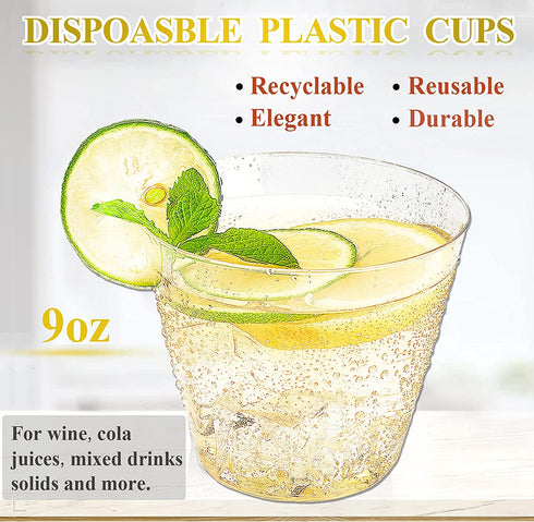 KUAYIXIA 9 OZ Clear Plastic Cups, 100 Pack Disposable Cups Recyclable Plastic Cocktail Glasses Cups, Heavy Duty Hard Plastic Cups for Party, Wedding, Birthday, Christmas