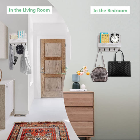 2 Pack Decorative Key and Mail Holder for Wall, Key Hanger for Wall with Shelf Wooden Wall Shelf with 5 Hooks Stylish Wall Mounted Key Holder for Entryway Kitchen Farmhouse