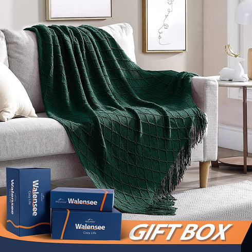 Walensee Throw Blanket for Couch, 50 x 60 Forest Green, Acrylic Knit Woven Summer Blanket, Lightweight Decorative Soft Nap Throw with Tassel for Chair Bed Sofa Travel Picnic, Suitable for All Seasons