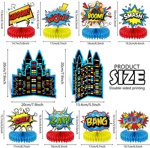 Set of 10 Hero Themed Party Decoration Superhero Honeycomb Centerpieces Hero Action Sign Table Centerpiece Fun Hero Theme Party Table Topper Decor for Happy Birthday Baby Shower Party Supplies Favor