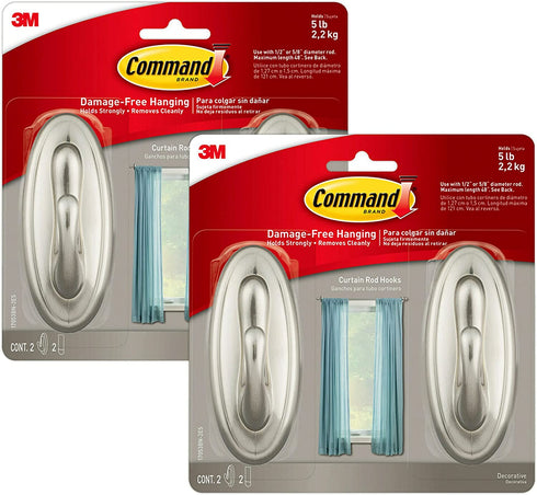 Command 17053BN-2ES Curtain Rod Hooks, Large, Brushed Nickel